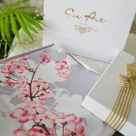 روسری طوسی طرح باغ گیلاس - ابریشم توییل - قواره ۱۰۰